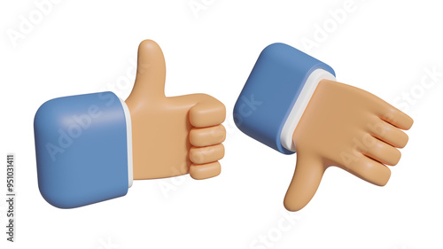 3D illustration with cartoon businessman hand showing thumbs like and dislike gesture of idea, opinion or decision on business or social media isolated on transparent background.