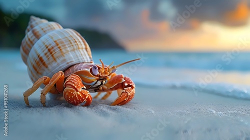 Close-up of a hermit crab on the beach, isolated on white background