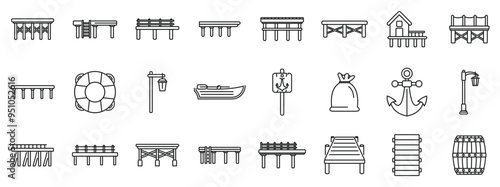 Wooden pier icons set. Set of different piers for fishing and recreation with anchor streetlight boat and lifebuoy icons in thin line style