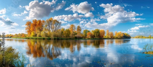 Beautiful Summer Landscape With Pretty River And Colorful Trees View Of The Sky With Beautiful Clouds Stock Photo