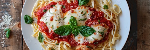 Tasty Homemade Chicken Parmesan Served with Fettuccine and Marinara Sauce