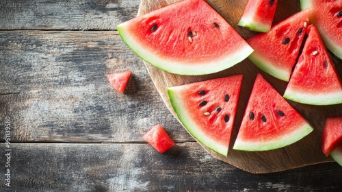 Slices of watermelon on rustic wood.