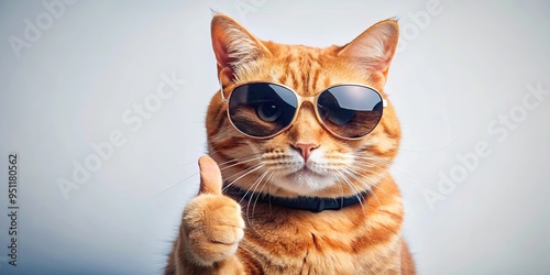 Cool and confident ginger cat with sunglasses giving a thumbs up