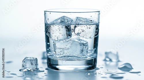 A glass of clear water with ice cubes, condensation on the outside, set against a bright white background.