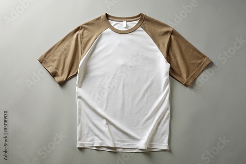 A blank, relaxed-fit raglan tee with contrasting sleeves lies flat on a neutral background, awaiting your design, with a subtle fold and soft, natural creases.