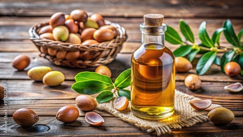 Bottle of argan oil surrounded by fresh fruits on a wooden table, argan oil, bottle, healthy, organic, skincare