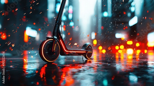 An advanced electric scooter with a body made of swirling neon trill waves, set against a high-tech urban background with illuminated skyscrapers and reflective surfaces, showcasing its cutting-edge,