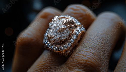 Closeup of a men's gold ring with the white diamonds in the shape of a goat's head