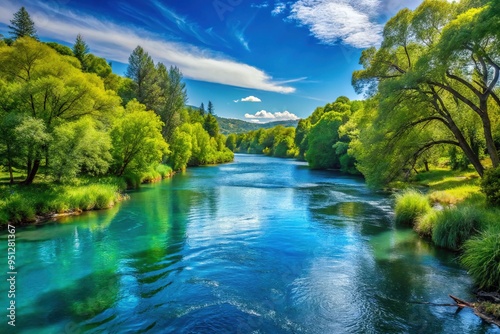 A serene blue river flows gently past lush green banks, where trees sway softly in the breeze on a warm sunny day.