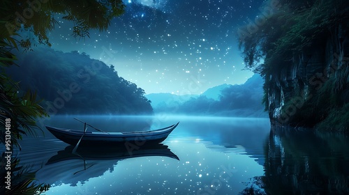 A rustic boat on a calm river with leafy cliffs on either side all under the stars