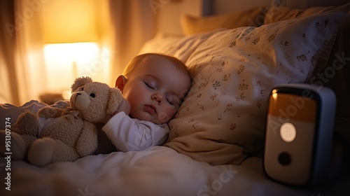 Charming Poster of a Peaceful Baby Sleeping with Teddy Bear in a Cozy Room - Ideal for Nursery Decor and Creating a Serene Atmosphere