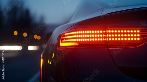 Sleek LED Taillights Glowing on Luxury Car in Dark Night Landscape