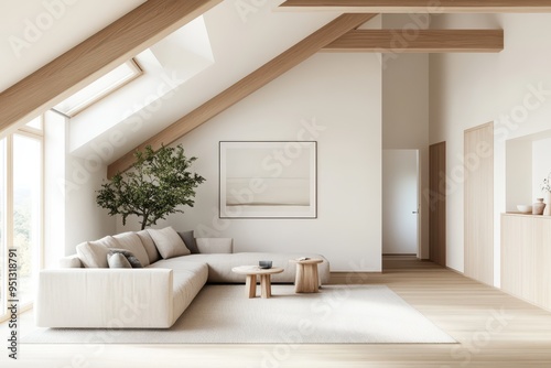 Cozy Scandinavian Living Room with Exposed Wood Beams and Large Potted Plants in Soft Light from Side Angle