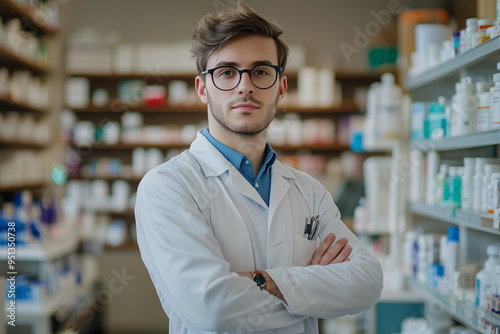  man in a white lab coat stands in front of a pharmacy with a confident posture. He is wearing glasses and a tie, and his arms are crossed. Concept of professionalism and authority