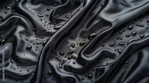 A view of a hydrophobic black cloth up close with droplets of liquid on it