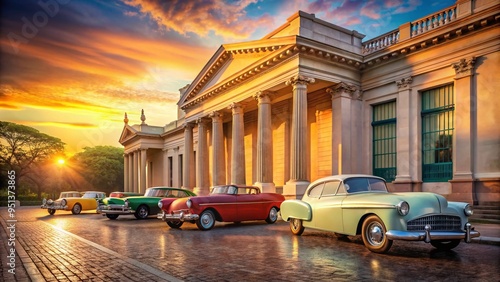 nostalgic Americana scene with vintage roadsters parked outside museum's neoclassical facade at sunset with warm pastel colors