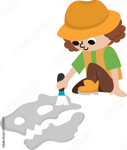 Vector paleontologist icon. Cartoon archeologist girl clipart in hat cleaning dino bones. Historical dinosaur dig or excavations scientist or explorer illustration