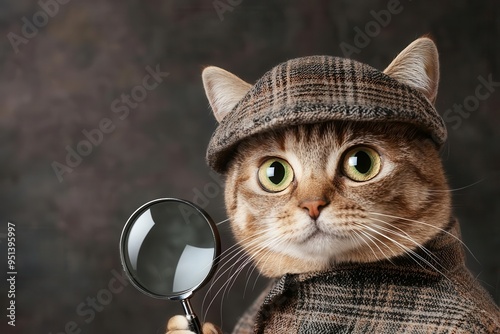 Cat dressed as a detective with a magnifying glass, investigating a crime scene, mysterious and clever