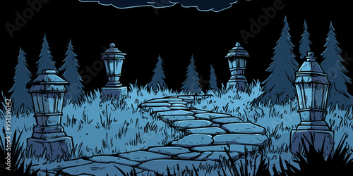 Dark and mysterious cobblestone path lined with lanterns in a forest, under a night sky, creating a spooky and eerie atmosphere