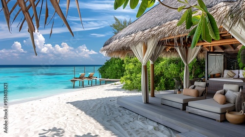 An exotic beachfront cabana with the backdrop of the azure sea