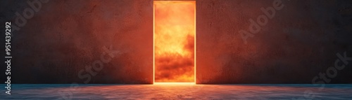 An illuminated doorway reveals a vibrant, fiery sky, symbolizing opportunity and new beginnings in a dramatic setting.