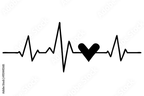 Heart beat one line. Continuous lines heart beats drawing. Wave pulse. Hand draw heartbeat. Design heartbeat for print. Black silhouette cardiogram isolated on white background