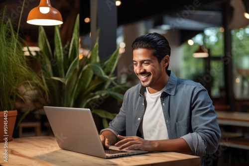 Mexican man working on laptop computer smiling adult.