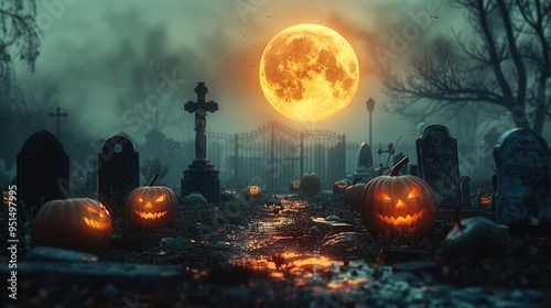 A terrific darkness scene, scary ambient, Halloween pumpkin, carnival, full yellow bright moon back, cemetery. Generative AI.