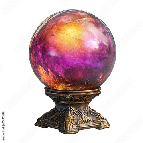 A mystical crystal ball with a multicolored glow resting on an ornate bronze stand, perfect for fantasy or magical themes.