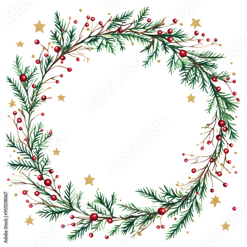 A wreath of evergreen branches with red berries and gold stars. The wreath is circular and has a festive, celebratory feel