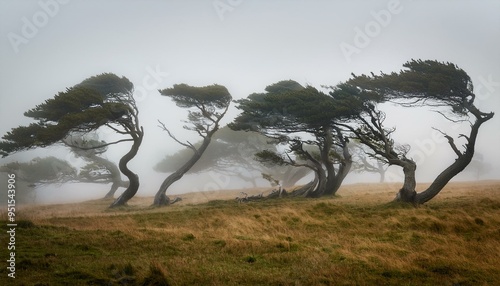 Trees bent by strong wind force in a foggy landscape, symbolizing the power and impact of wind.