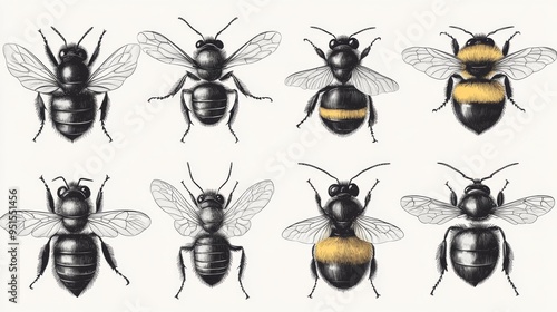 Detailed Illustration of Different Bee Species Generative AI