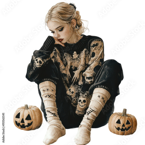 A girl is sitting on the ground with her legs crossed and a pumpkin and two pumpkins in front of her