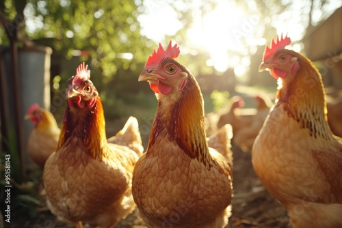 Group of Chickens Outside a Farm in the Sun