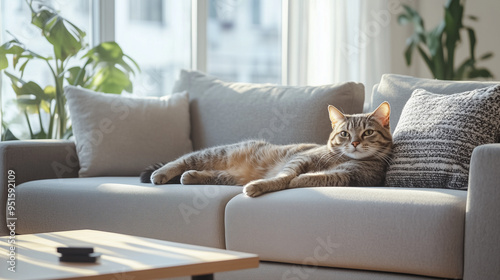 a cat comfortably lounging on a sleek, modern sofa in a minimalist living room