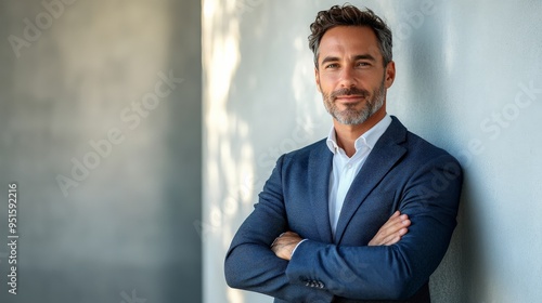 Confident Executive Portrait: A mature businessman with arms crossed exudes professionalism and success in a modern office setting. 