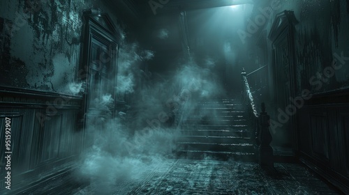 A mysterious and eerie hallway shrouded in fog, with dim light illuminating the staircase, perfect for horror themes.