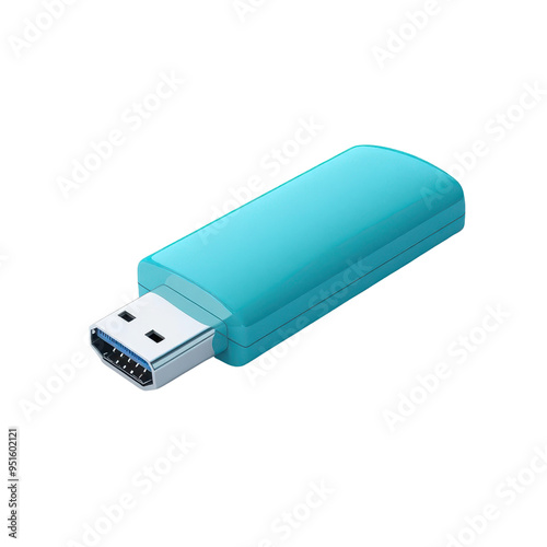 A blue USB flash drive isolated on a white background, perfect for illustrating data storage and technology concepts.