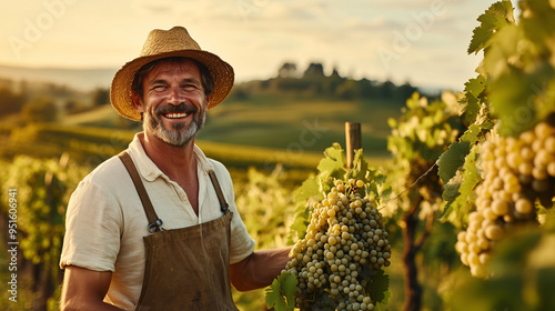 Mature winemaker smiling while holding a basket full of ripe grapes in a vineyard at sunset