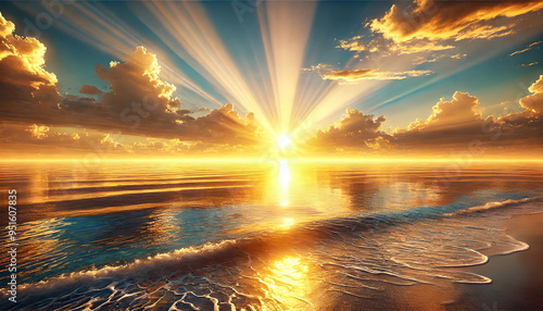 Radiant Sunrise Over Calm Ocean: Stunning Golden Rays Reflecting on Tranquil Waters