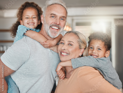 Happy, portrait and grandparents with children for piggyback in home for family, connection and bonding. Love, siblings and senior people playing with kids in living room with security in house.