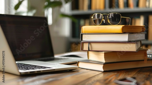 07231249 188. Organized desk featuring a stack of books with glasses on top, adjacent to an open laptop, highlighting a balanced work environment