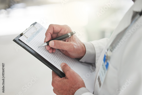 Hands, prescription and writing with doctor in hospital, closeup for checklist or medical aid. Clipboard, diagnosis and document with healthcare professional person in clinic for planning or research