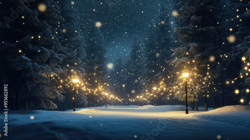 snow falling at night in a snowy dark forest with lights and stars