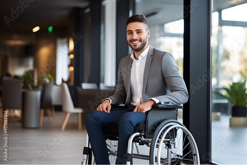 A young man in a business suit on a wheelchair in the office.