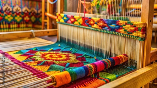 Vibrant tapestry being woven on a rhythmic loom in a workshop, heritage, craftsmanship, textile, weaving, colorful