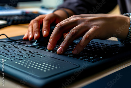 Modern Braille display device connected to a computer, with a visually impaired person using it to read digital text.