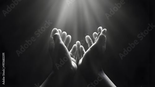 Hand prayer god faith holy worship on hope religion background of believe church pray jesus christian religious grace black white concept or love spiritual bible peace and spirit trust blessed light.