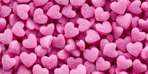 Pink heart sprinkles, a close up shot, showing a pile of pink heart sprinkles, with a slightly blurred background.