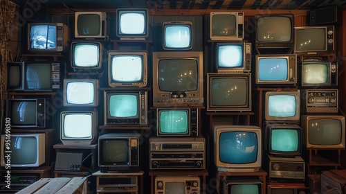 retrofuturistic media center with a wall of vintage tv sets displaying a synchronized fragmented image each screen showcases a different era of television history